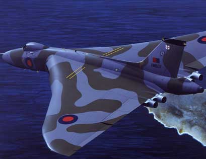 This aircraft flew three of the "Black Buck" bombing missions against Port Stanley airfield in the Falklands War including the first and is depicted over that airfield.